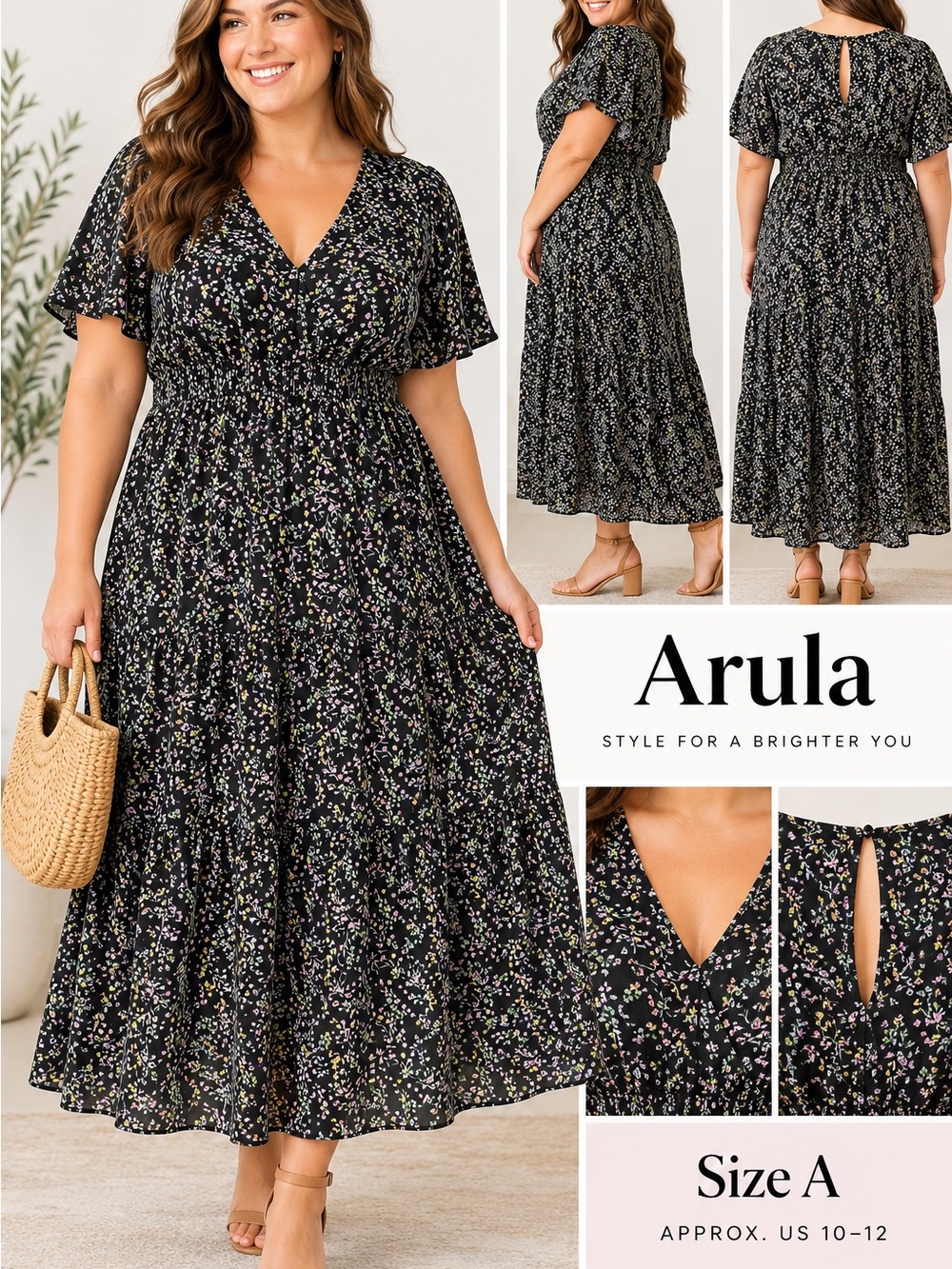ARULA Black Floral V-Neck Tiered Maxi Dress